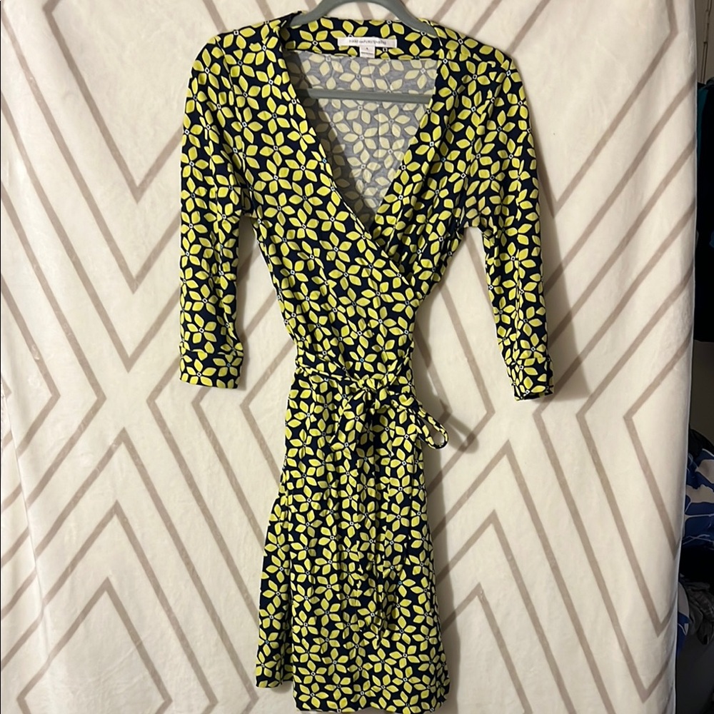 Diane Von Furstenberg New Julian Two Yellow and Black Floral Wrap Midi Dress